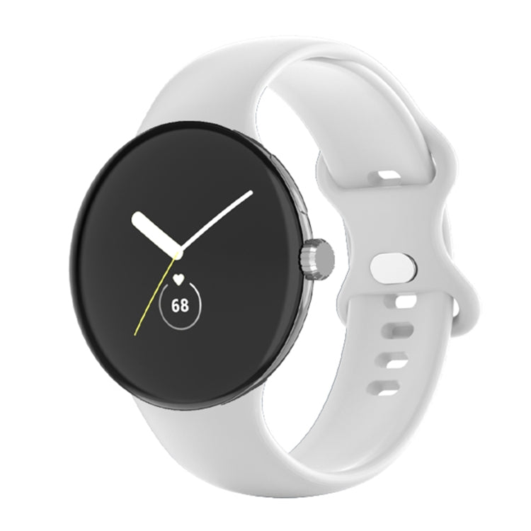 White silicone watch band with perforated holes and clasp, shown on a round watch case.