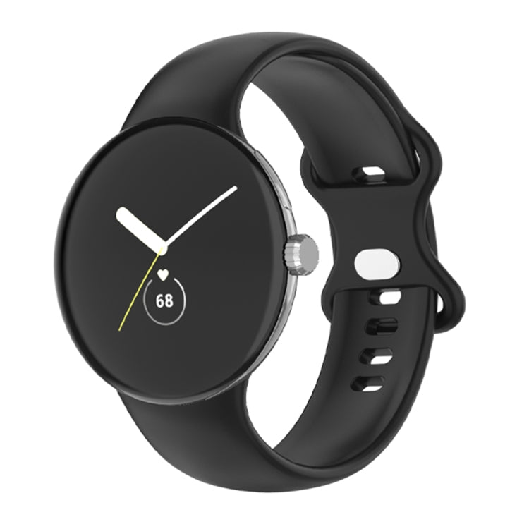 Black silicone watch band with round smartwatch display and adjustable clasp.