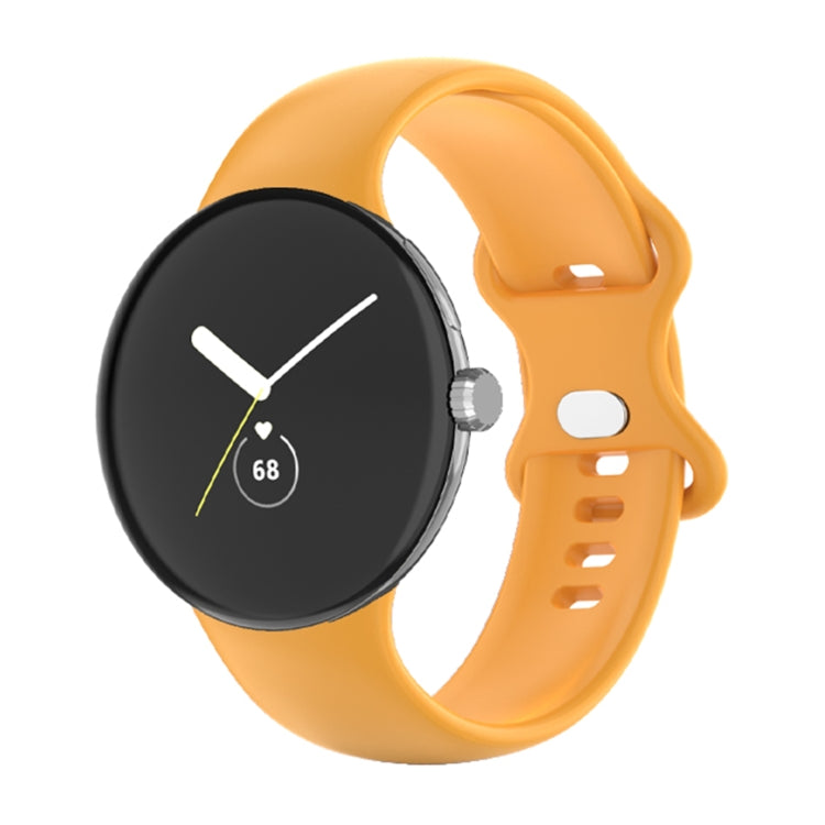 Orange silicone watch band with round smartwatch display and adjustable clasp.