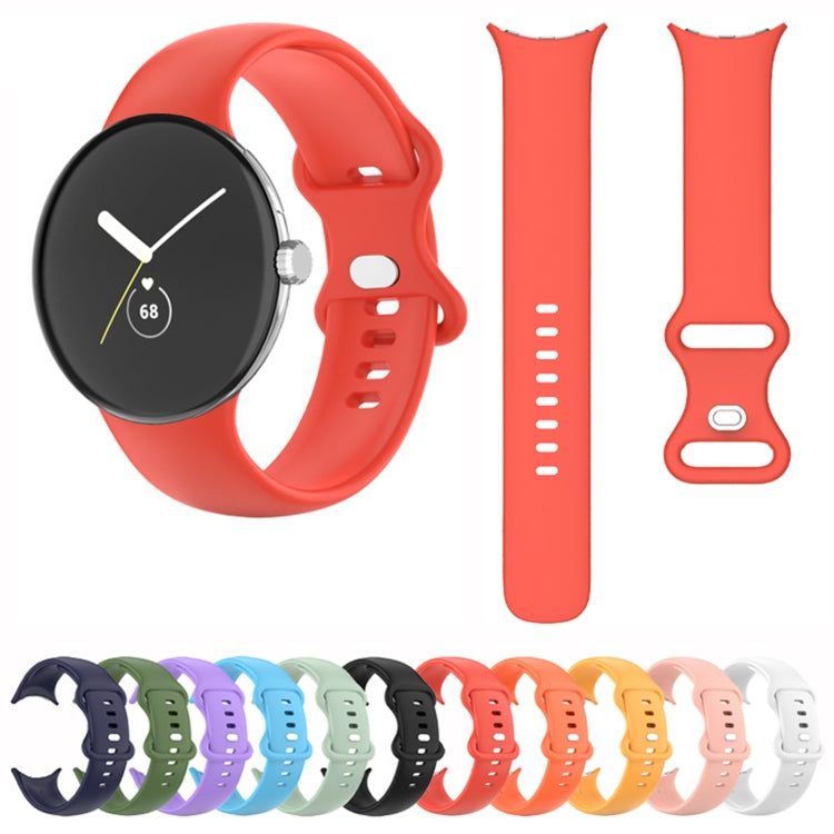 Red silicone watch band with perforated holes and clasp, plus matching color options.