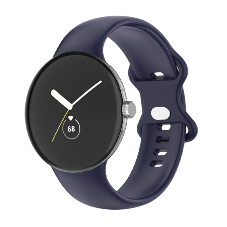 Navy blue silicone watch band with perforated holes and clasp, shown on a round watch case.