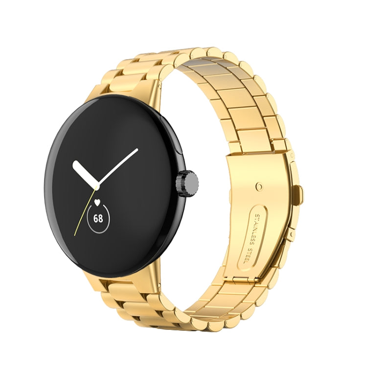 Gold metal link watch band with secure clasp for a round smartwatch
