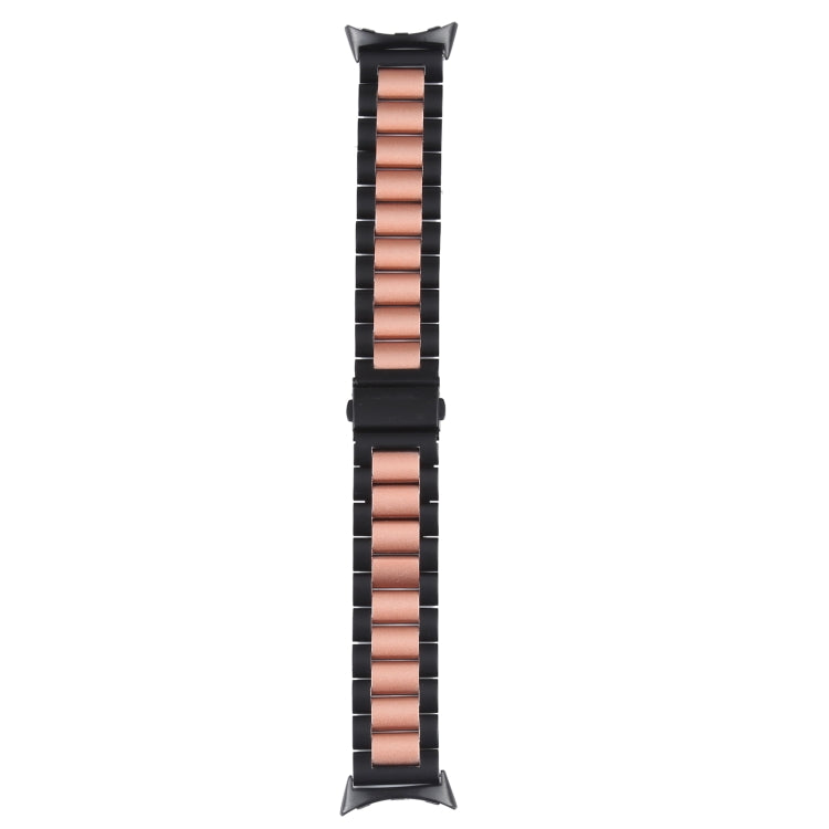 Three-strand metal watch band with black links and a rose-gold center stripe