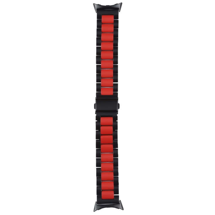 Three-strand metal watch band with black links and a red center stripe