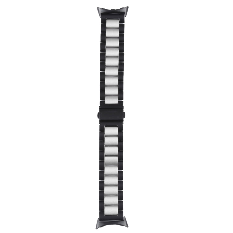 Three-strand metal watch band with black links and a silver center stripe