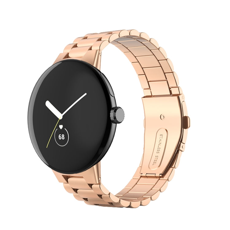 Rose-gold metal link watch band with secure clasp for a round smartwatch