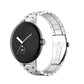 Silver metal link watch band with secure clasp for a round smartwatch