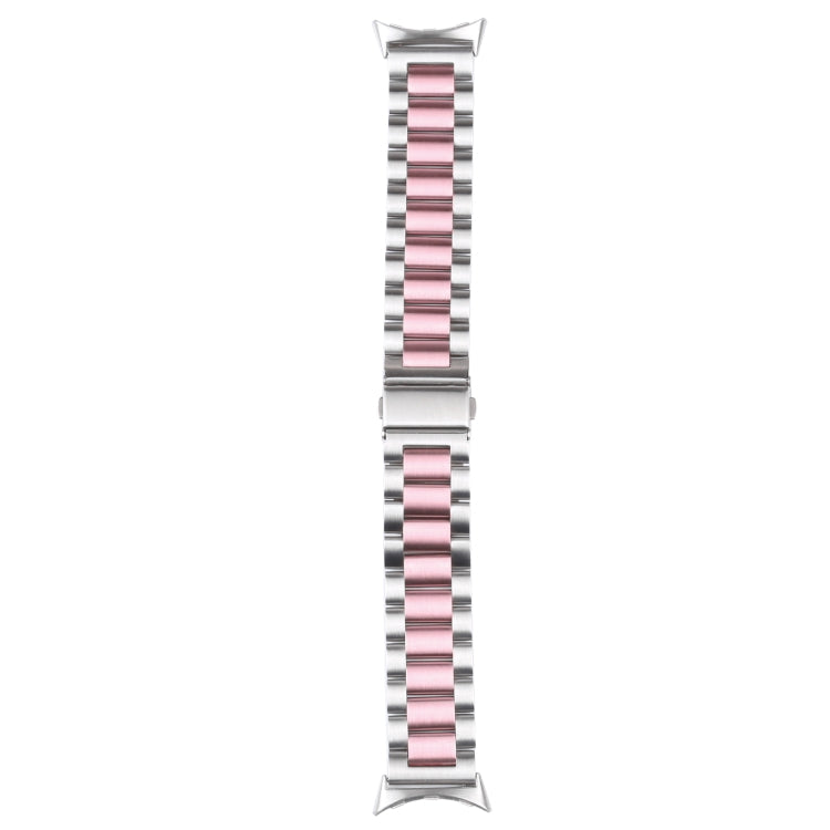 Three-strand metal watch band with silver links and a pink center stripe