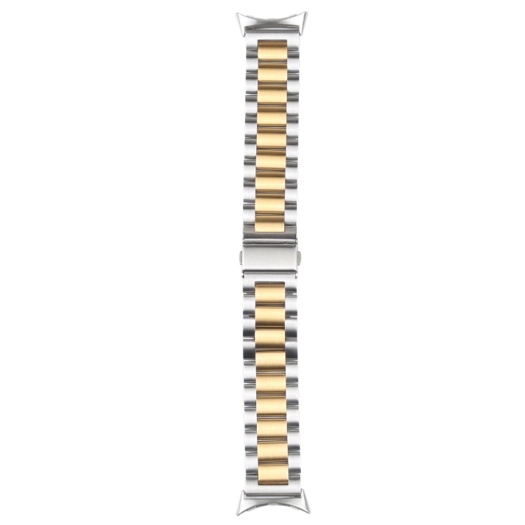 Stainless steel three-strand metal watch band with silver links and gold center inlay