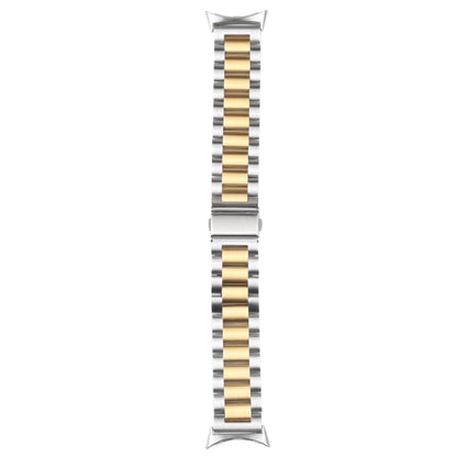 Stainless steel three-strand metal watch band with silver links and gold center inlay