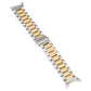 Stainless steel watch band with silver links and gold center inlay, curved profile