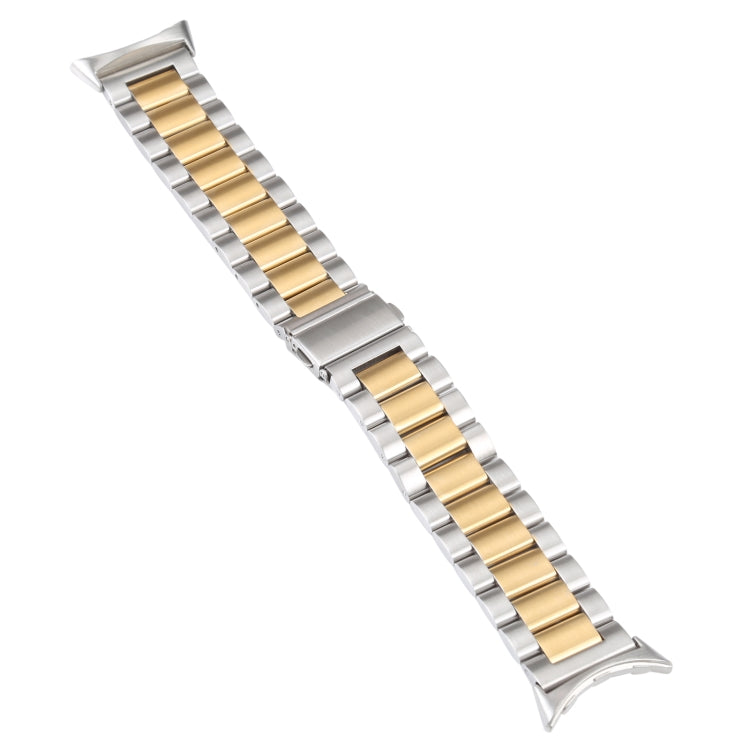 Stainless steel watch band with silver links and gold center inlay, curved profile