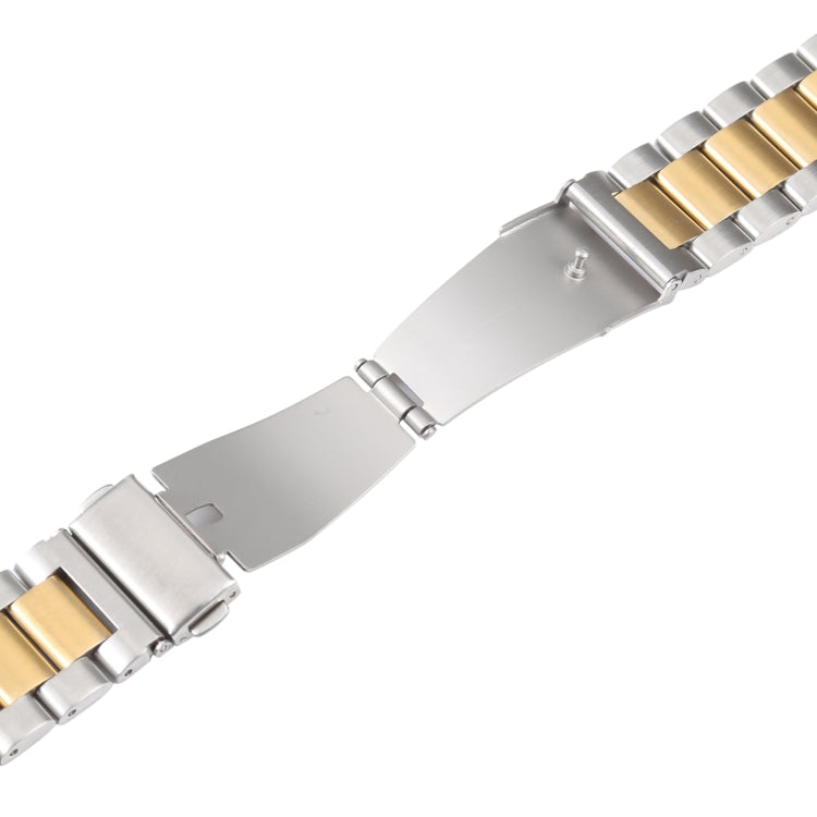 Stainless steel watch band clasp with silver finish and gold center stripe