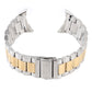 Three-strand stainless steel watch band in silver with gold center stripe and fold clasp