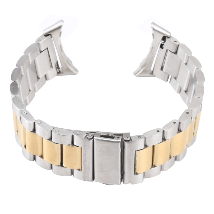 Three-strand stainless steel watch band in silver with gold center stripe and fold clasp