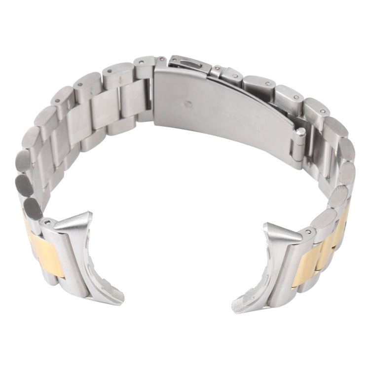 Stainless steel three-strand watch band with silver links and gold center stripe view