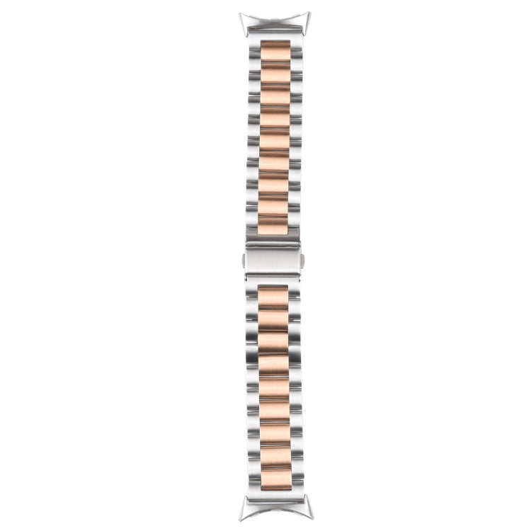 Stainless steel three-strand watch band with silver links and rose-gold center stripe