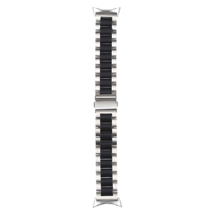 Three-strand metal watch band with silver links and a black center stripe