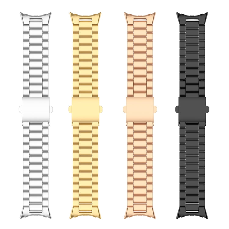 Three-strand metal watch bands in four colors: silver, gold, rose, and black