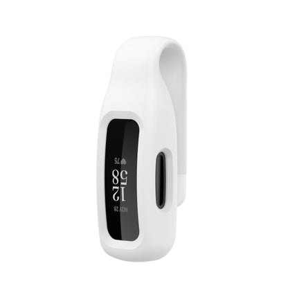 White silicone protective clip case cover for fitness tracker, front view with screen opening