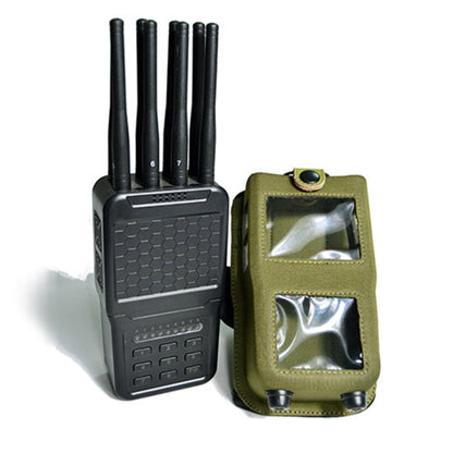 Black handheld mobile signal jammer with four antennas and a front control panel.
