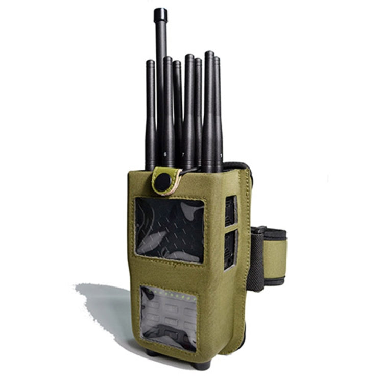 Olive green antenna jammer in a pouch with a front window and side strap.