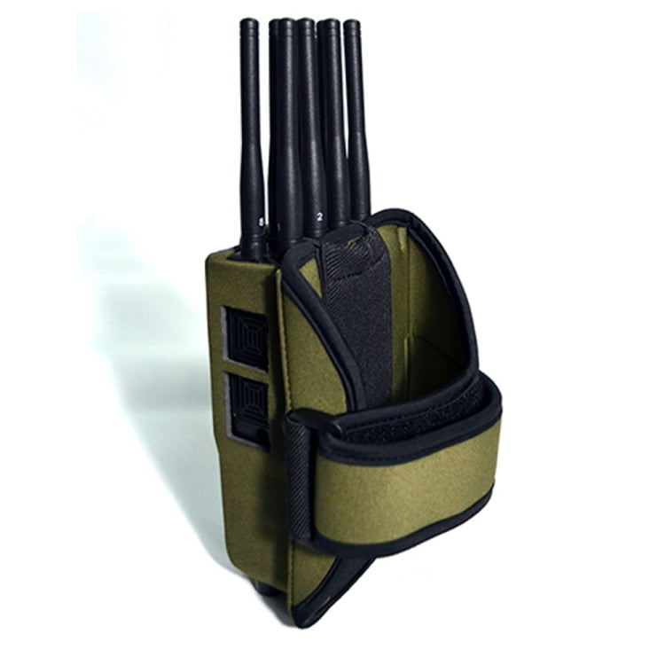 Olive green jammer pouch with front module panels, belt strap, and four antennas.