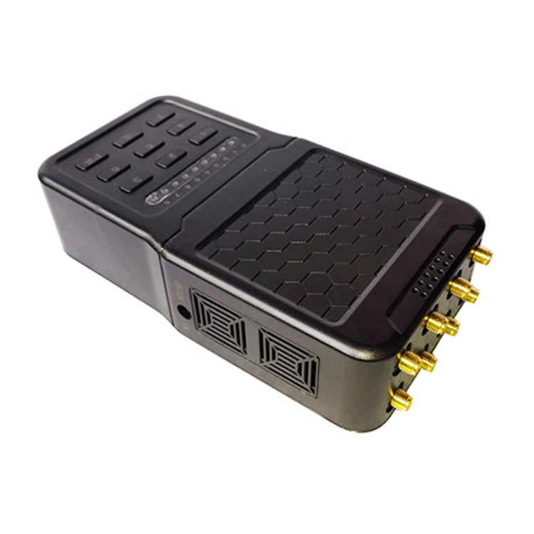 Black signal jammer side view with textured top panel and four antenna connectors.