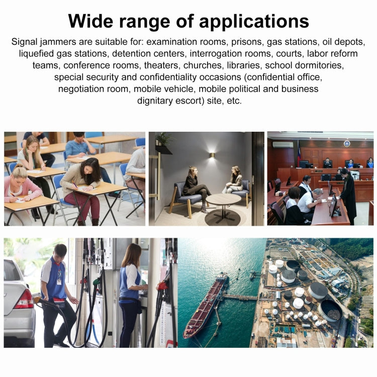 Brochure slide titled 'Wide range of applications' with signal jammer workplace photos.