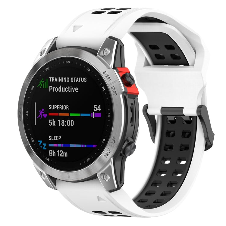 Two-color white and black silicone watch strap with reverse buckle, perforated design