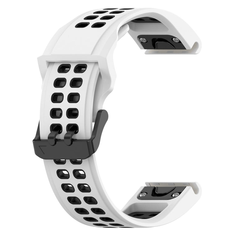 Two-color white and black silicone watch strap with reverse buckle, side view