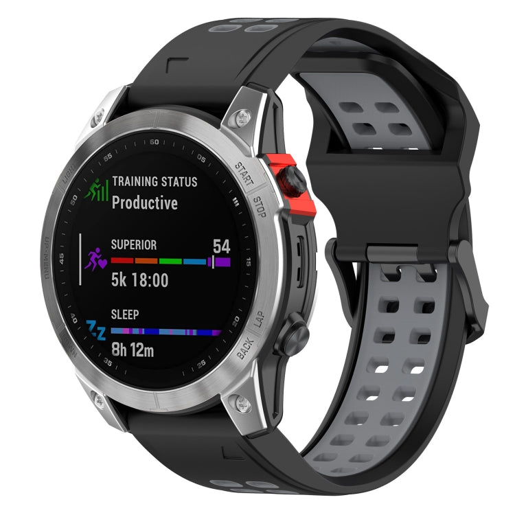 Two-color black and dark gray silicone watch strap with reverse buckle, perforated strap