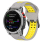 Two-color light gray and yellow silicone watch strap with reverse buckle, perforated