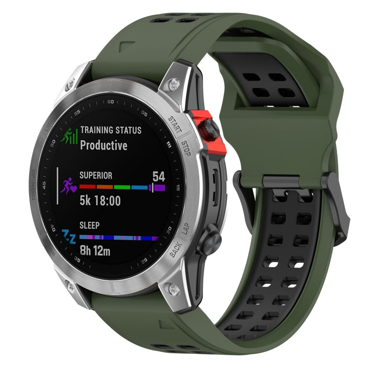 Two-color army green and black silicone watch strap with reverse buckle, perforated