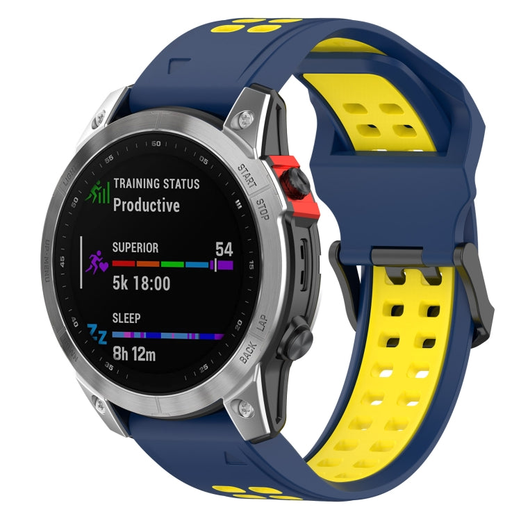 Two-color navy blue and yellow silicone watch strap with reverse buckle, perforated holes