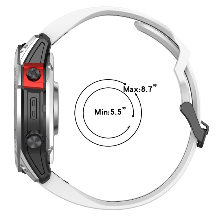 Two-color silicone watch band sizing view with white strap and dark buckle hardware