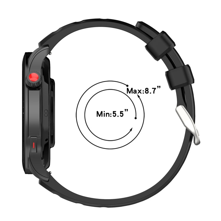 22mm silicone watch band with adjustable size range, black strap and clasp