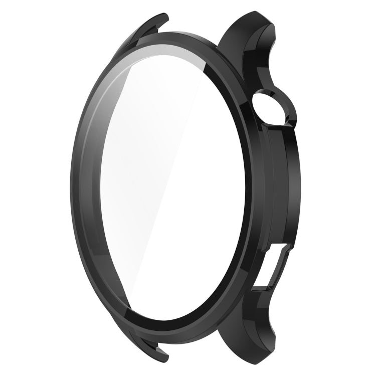Black protective watch case with integrated tempered glass, curved side view