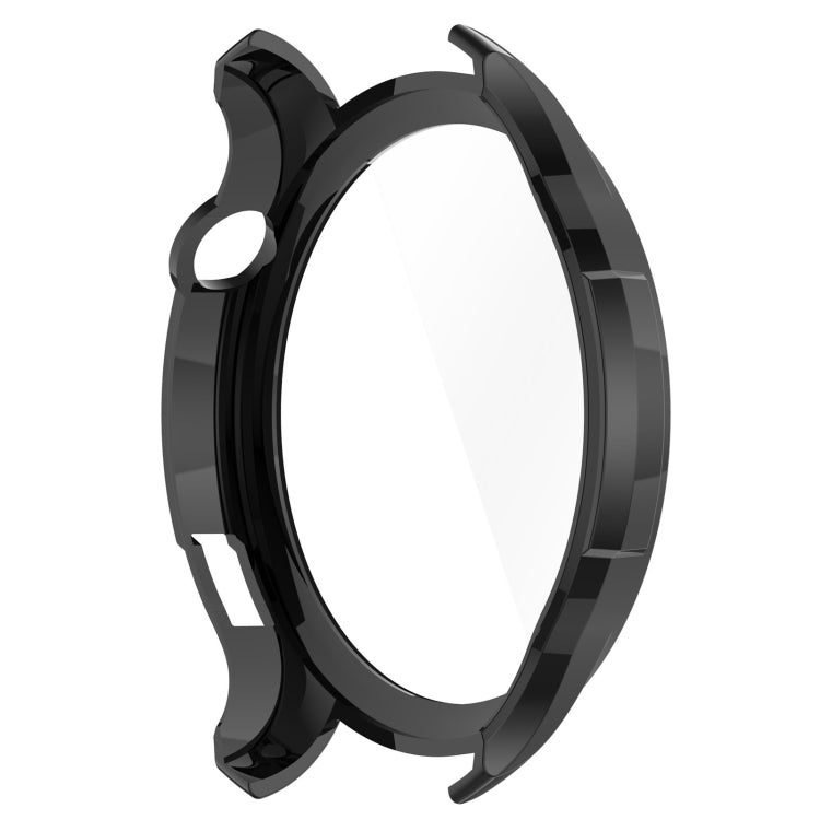 Black protective watch case with integrated tempered glass, angled front view