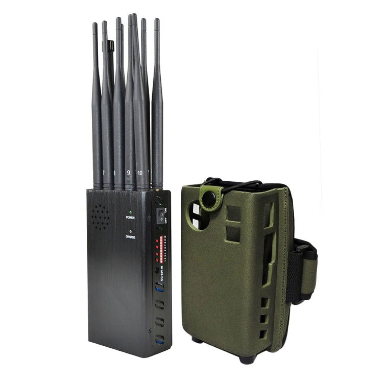 Mobile signal jammer unit with multiple antenna rods and front indicator panel, dark gray