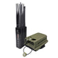 Signal jammer device with stacked antennas, olive carrying pouch and side ports, dark gray
