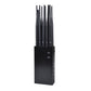 Tall signal jammer with five antenna rods on black base and power labels, dark gray