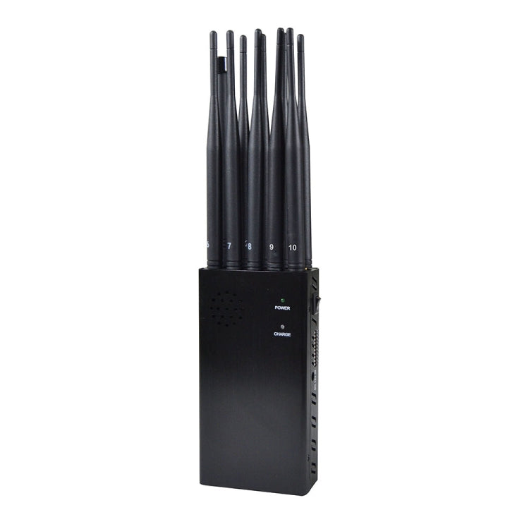 Tall signal jammer with five antenna rods on black base and power labels, dark gray