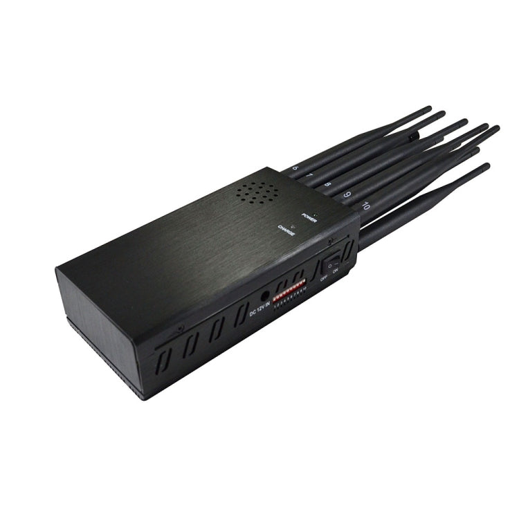 Compact signal jammer with six antennas and long black housing, front speaker grille