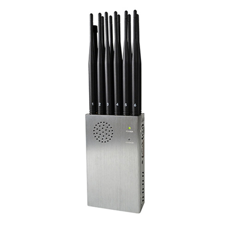 Silver mobile signal jammer with tall black antenna array