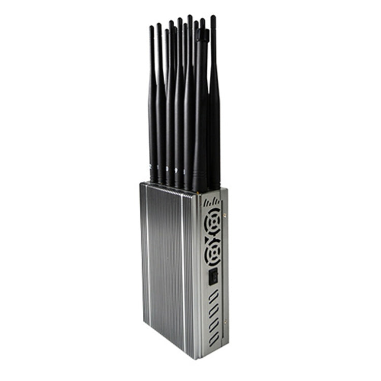 Silver mobile signal jammer with black antennas and side vented panel