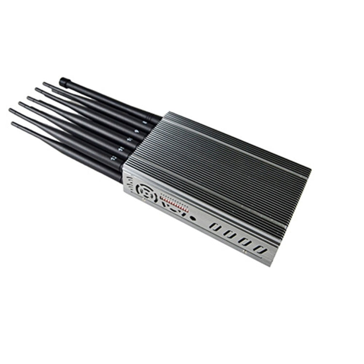 Mobile signal jammer with long black antenna rods and vented front panel