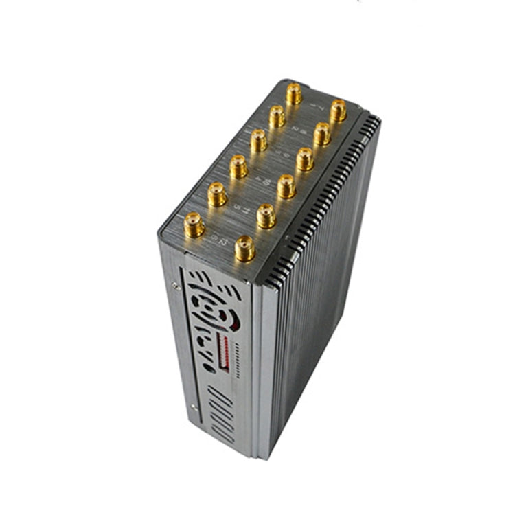 Silver mobile signal jammer with gold connectors on top panel and antenna ports