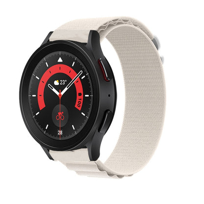 White nylon loop watch band with adjustable clasp, textured fabric strap