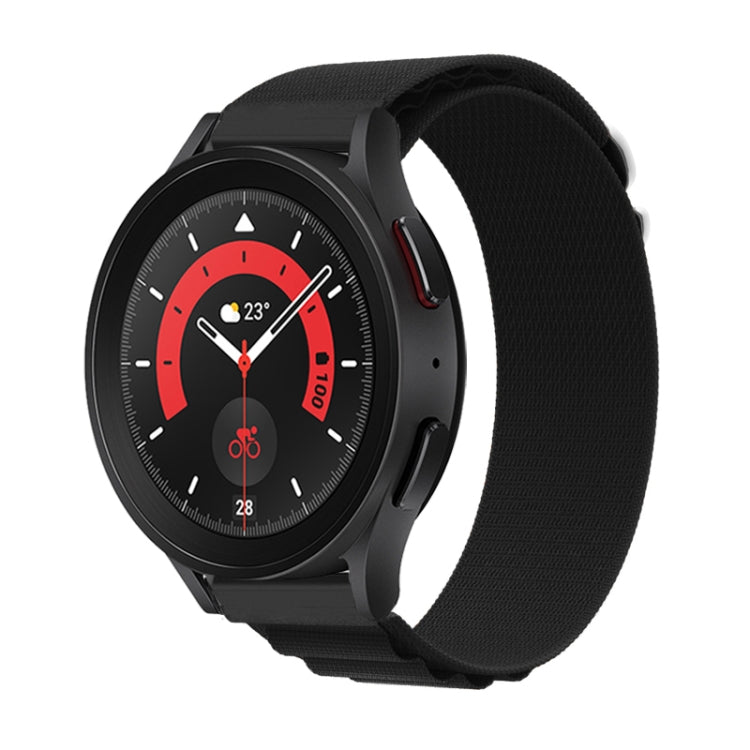 Black nylon loop watch band with textured fabric strap and adjustable clasp